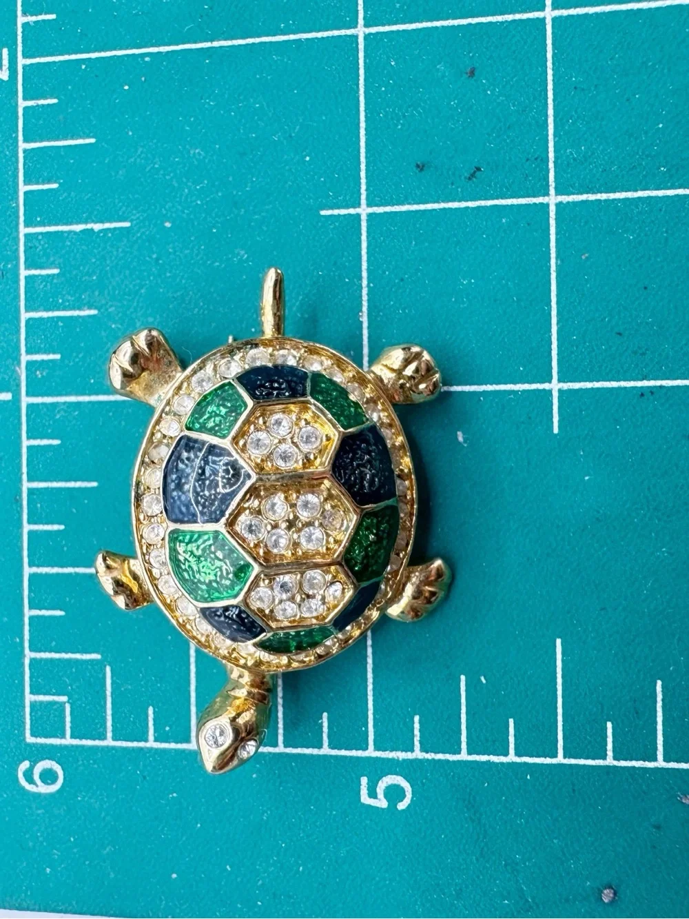 Turtle brooch gold tone green blue enamel rhinestone kitschy animal jewelry